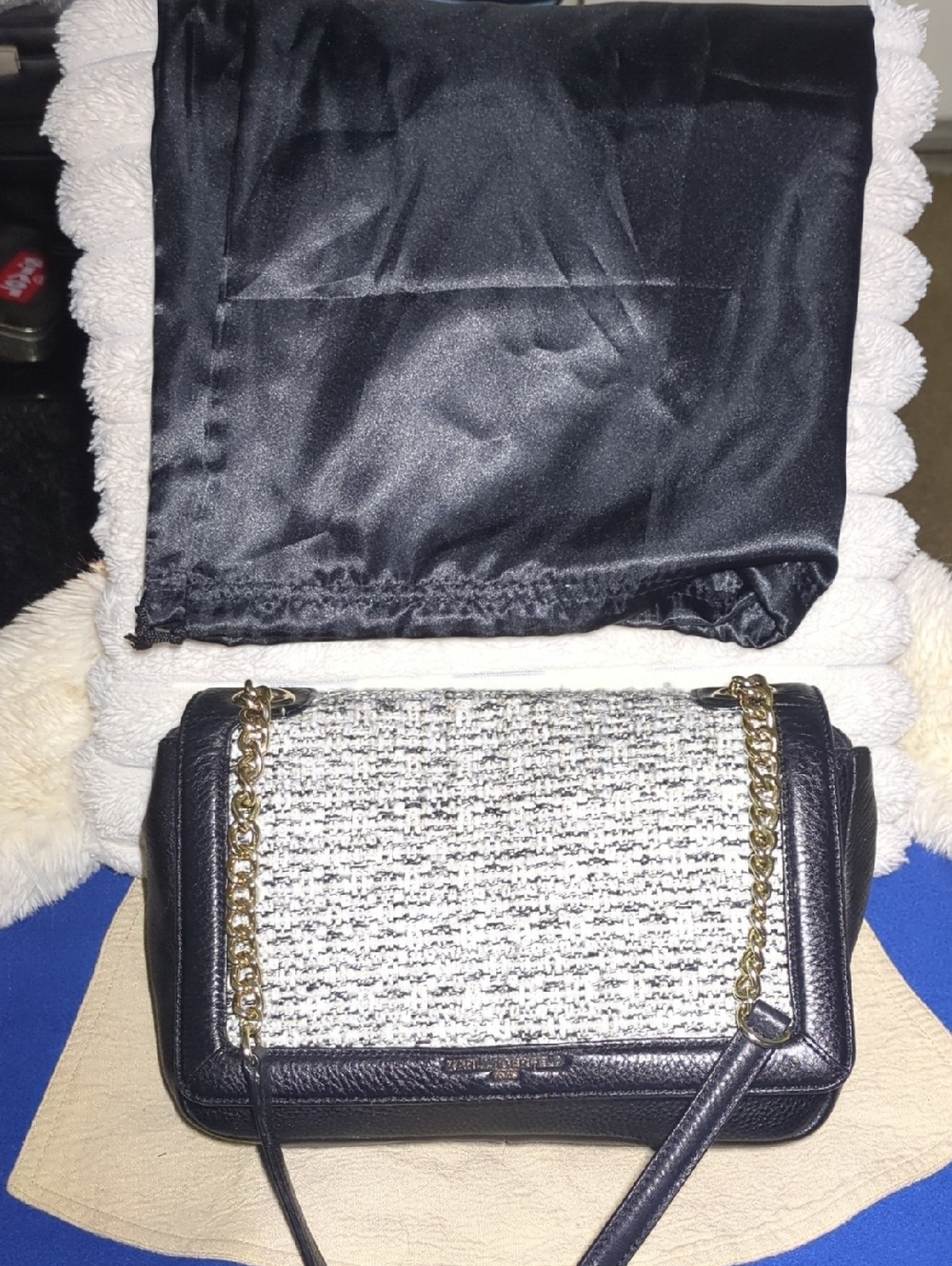 Karl Lagerfeld Black Leather & White Tweed Chain Crossbody & Dust Bag